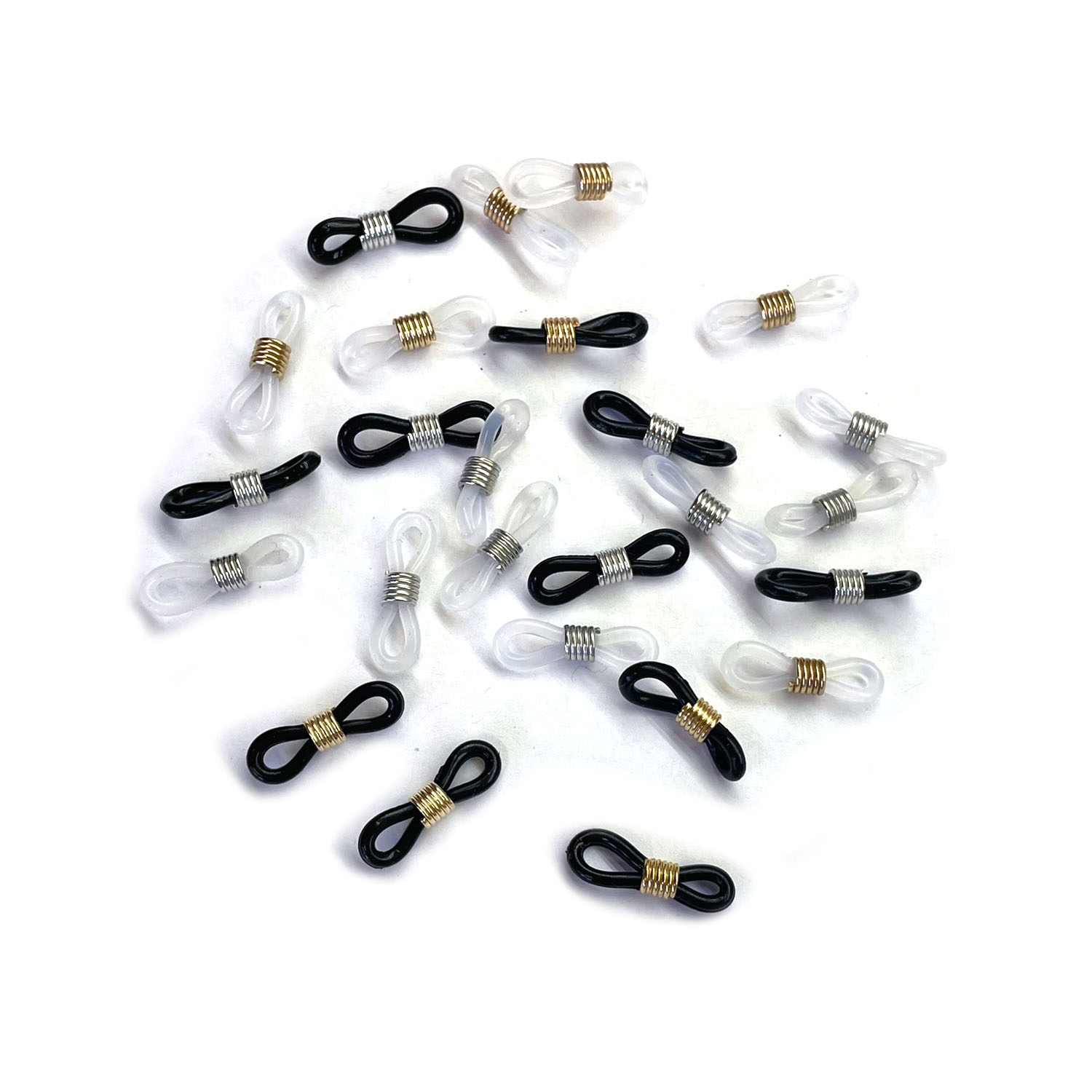 Eyeglass holder, rubber and silver-finished brass, clear, 20x5mm-26x5mm  with adjustable coil. Sold per pkg of 10. - Fire Mountain Gems and Beads